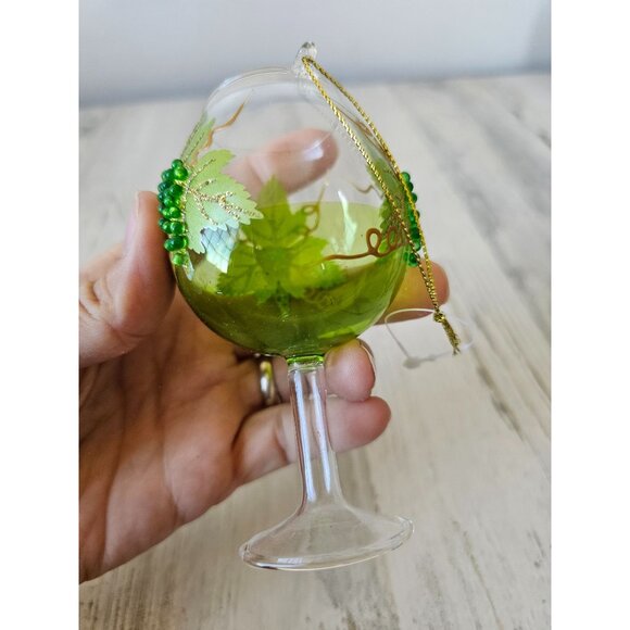 Grapes wine glass goblet champagne glitter green ornament Xmas tree - Picture 5 of 8